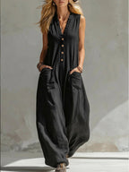 Spring Summer Womens Casual Linen-Cotton Sleeveless Jumpsuit