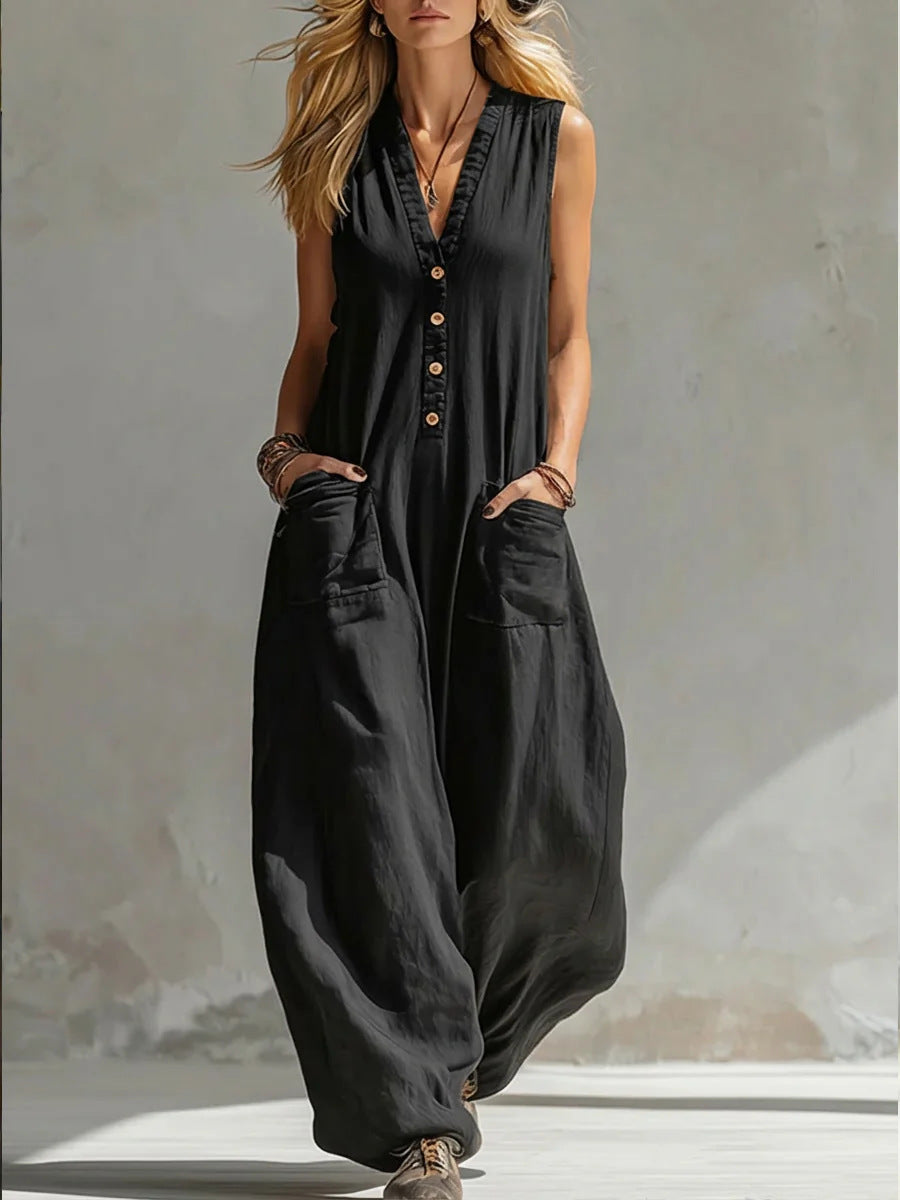 Spring Summer Womens Casual Linen-Cotton Sleeveless Jumpsuit