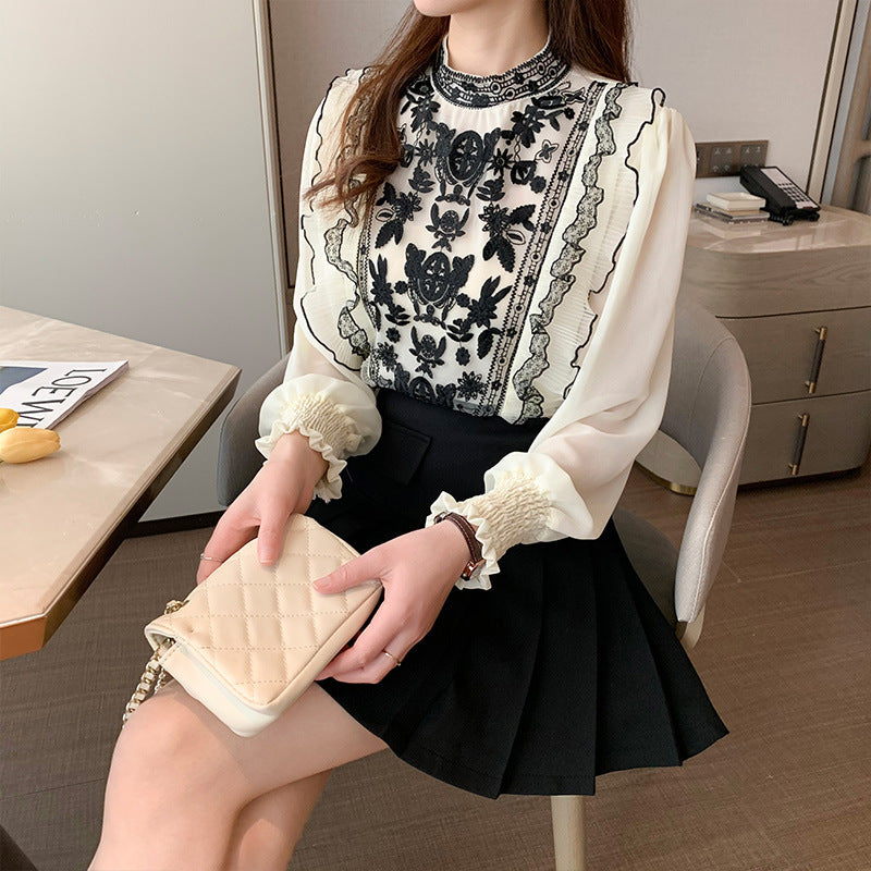 Early Spring New Korean Retro Embroidered Chiffon Shirt