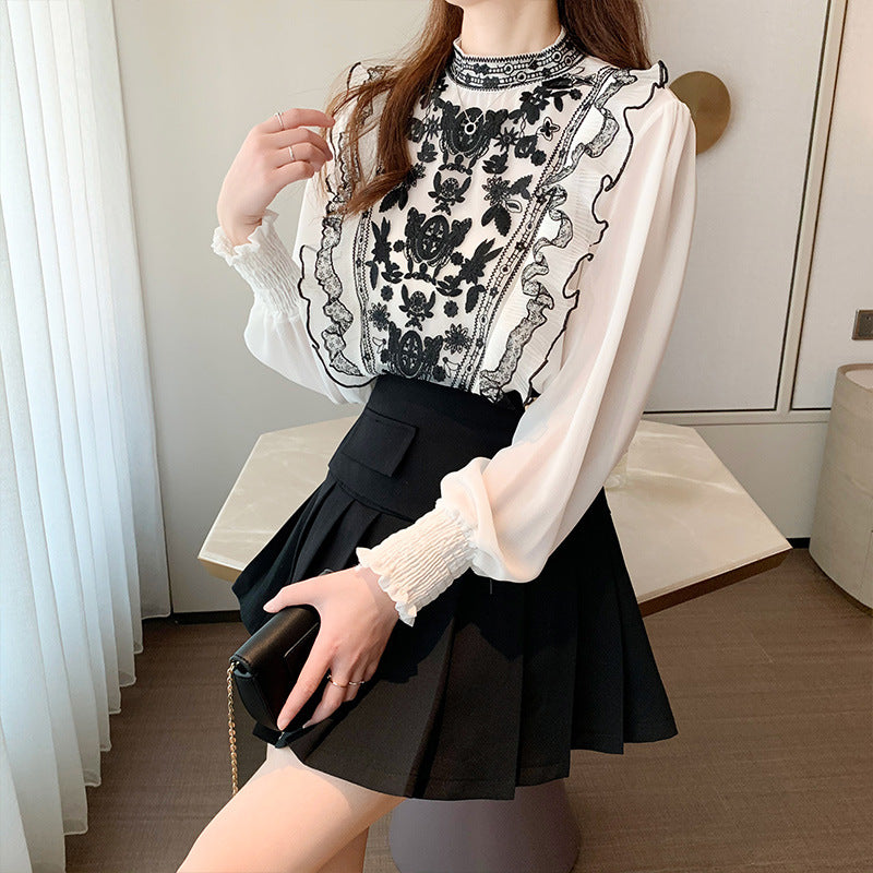 Early Spring New Korean Retro Embroidered Chiffon Shirt