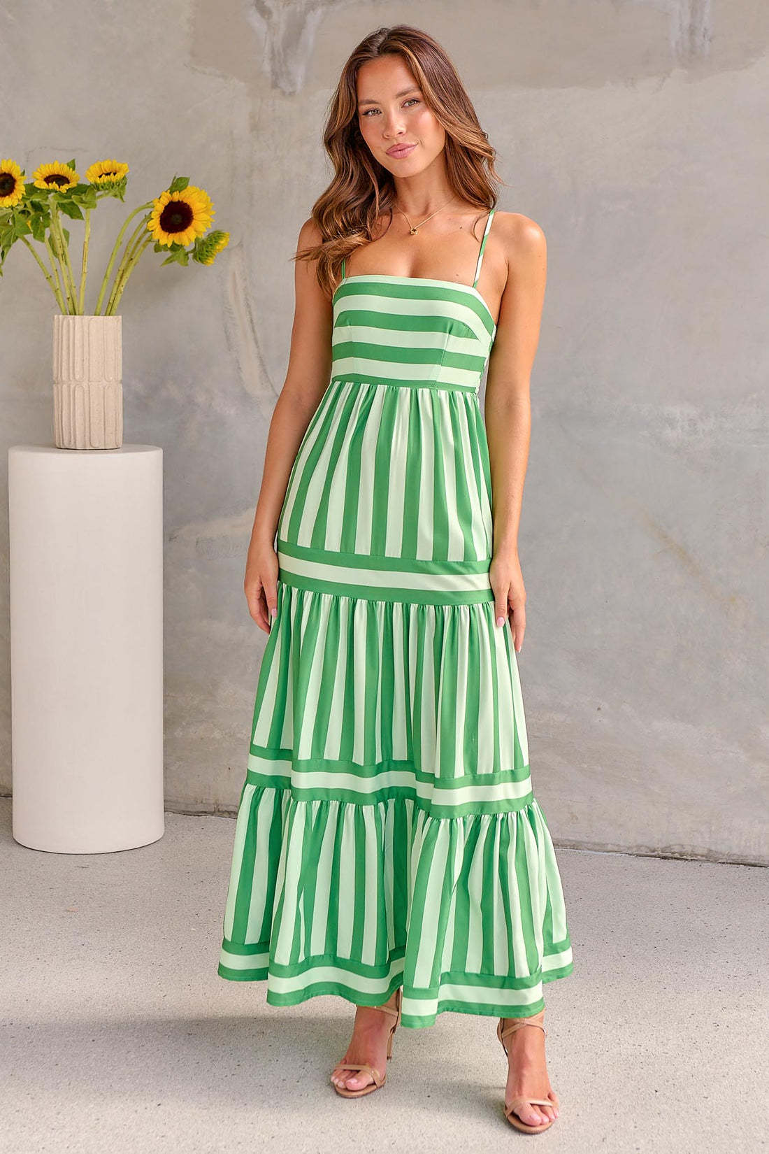 Summer Striped Printed Suspender Long Dress With Pockets .