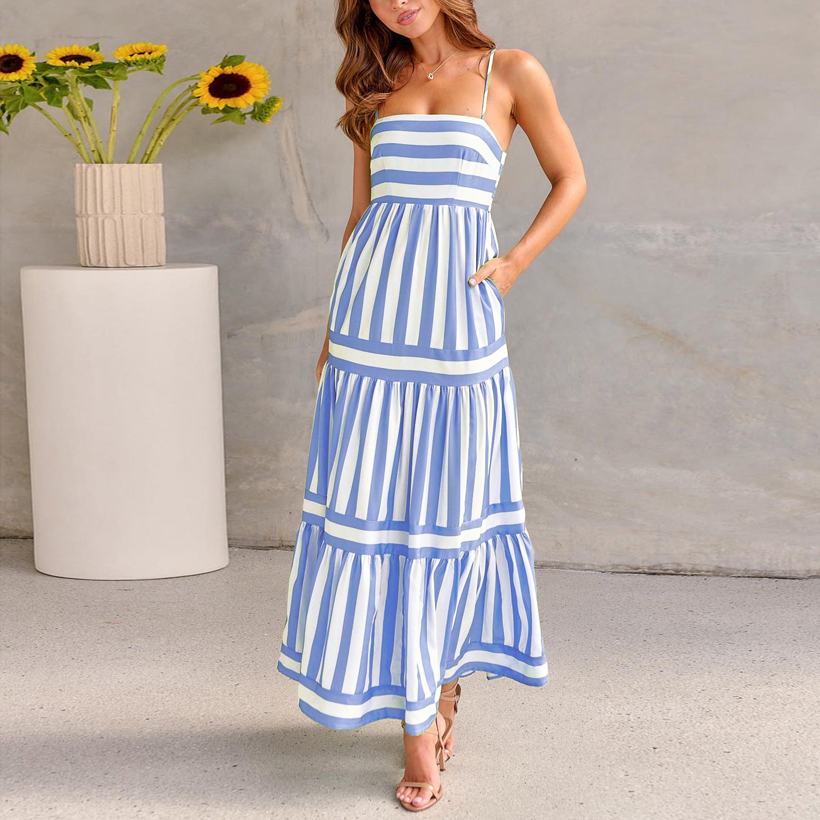 Summer Striped Printed Suspender Long Dress With Pockets .