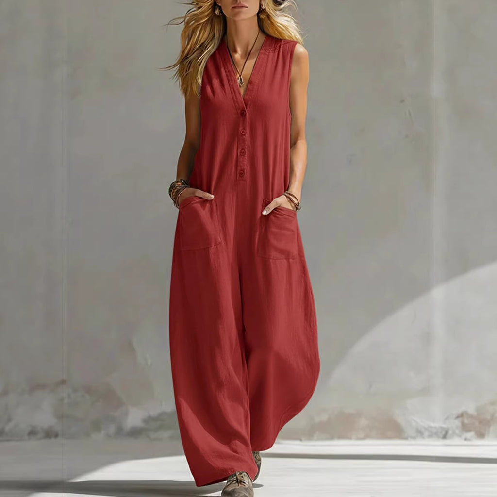 Spring Summer Womens Casual Linen-Cotton Sleeveless Jumpsuit