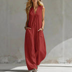 Spring Summer Womens Casual Linen-Cotton Sleeveless Jumpsuit