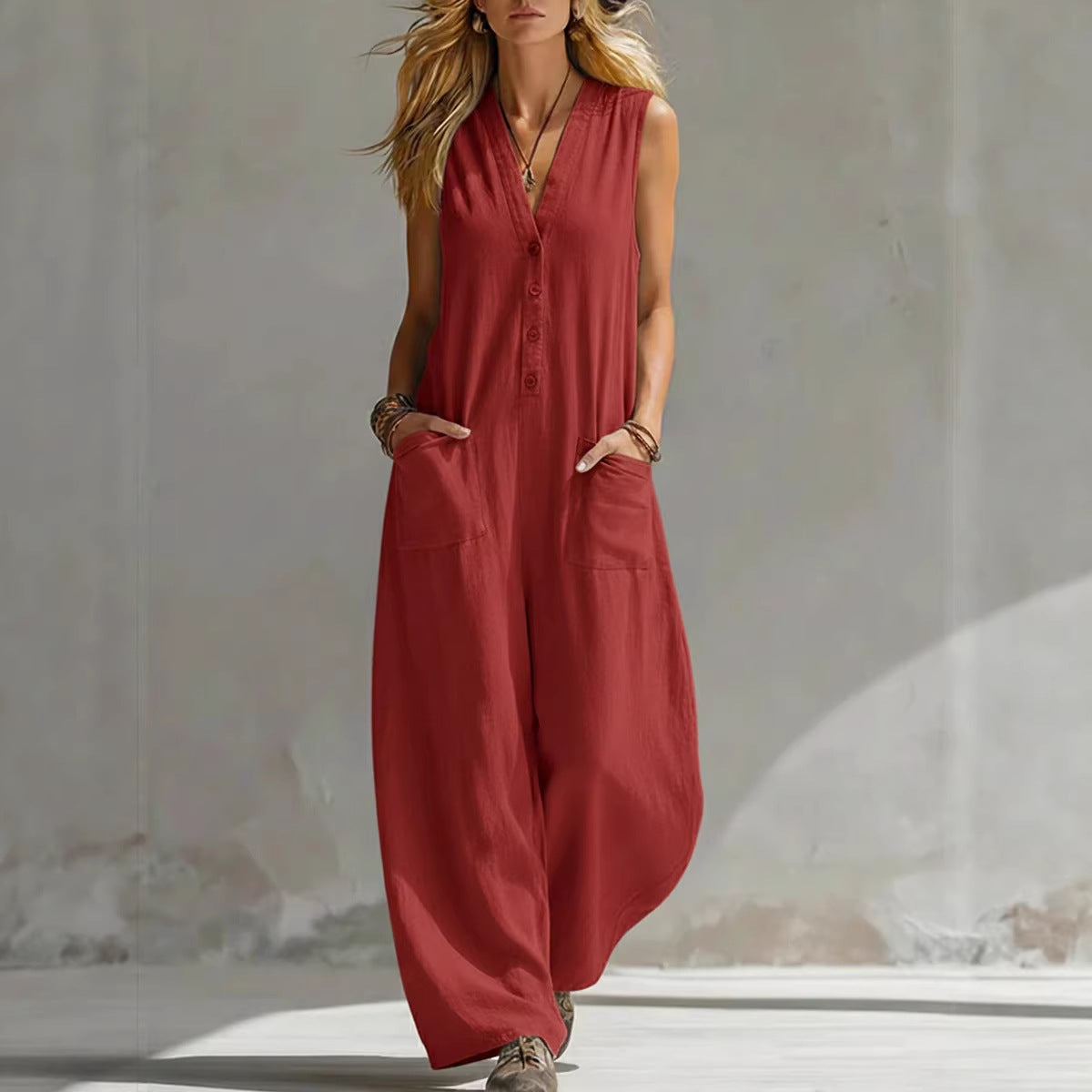 Spring Summer Womens Casual Linen-Cotton Sleeveless Jumpsuit