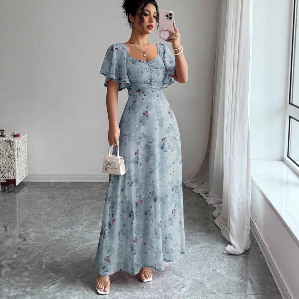 Lotus Sleeve Printed Slim Elegant Dress