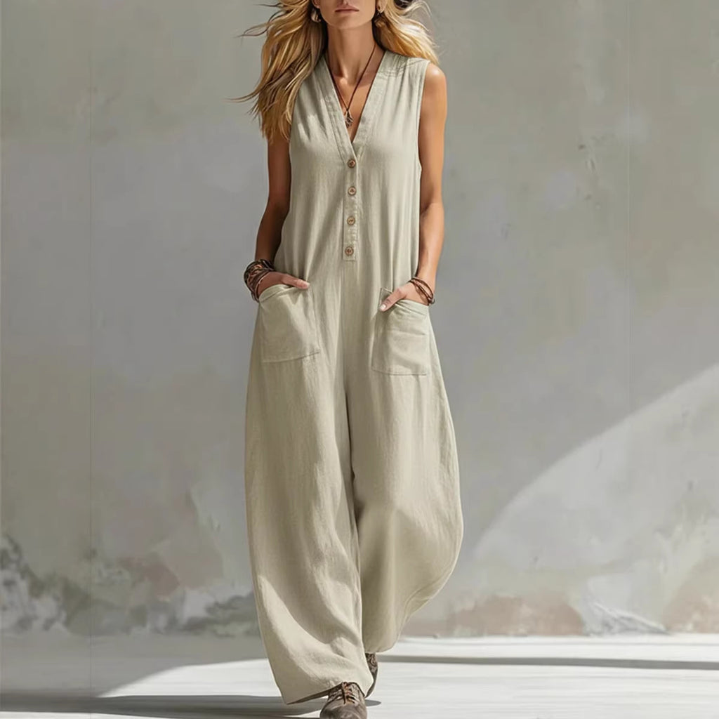Spring Summer Womens Casual Linen-Cotton Sleeveless Jumpsuit