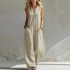 Spring Summer Womens Casual Linen-Cotton Sleeveless Jumpsuit