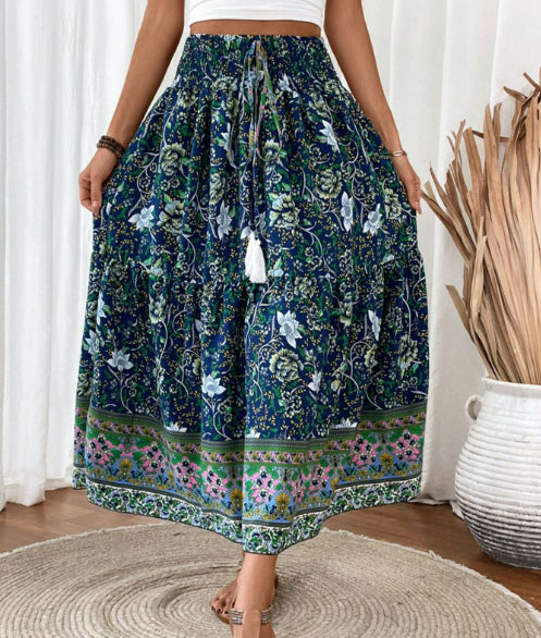 Women's Fashion Waist-controlled Simple Floral Print Tassel Skirt