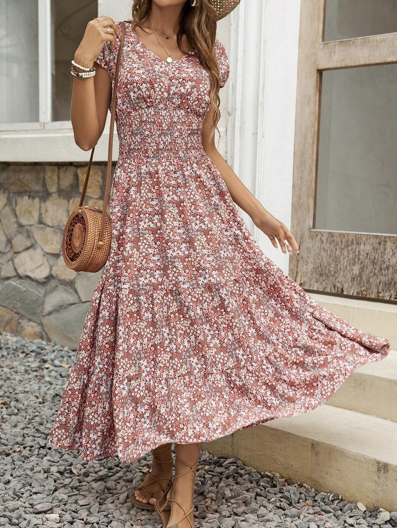 Blossom Chic V-Neck Floral Dress For Women - Soft, Breathable Polyester, Machine Washable,