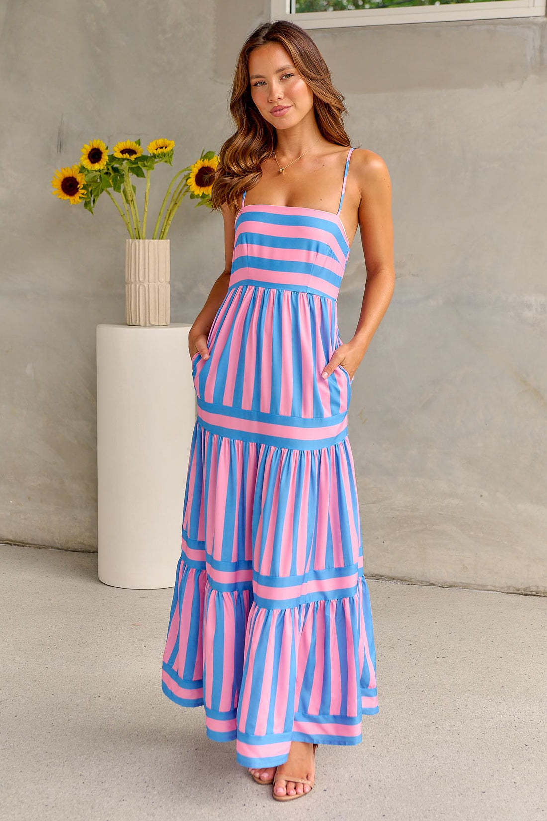 Summer Striped Printed Suspender Long Dress With Pockets .