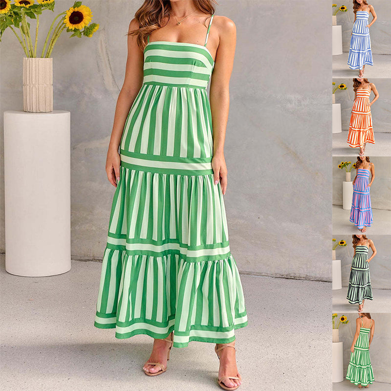 Summer Striped Printed Suspender Long Dress With Pockets .