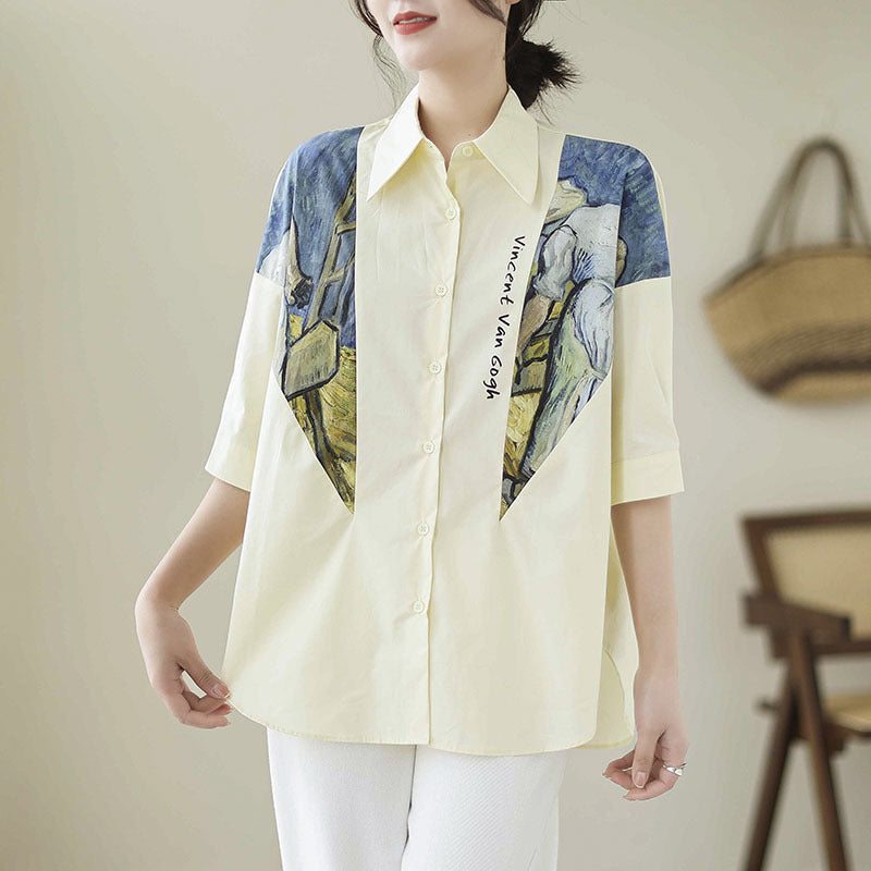 Cotton And Linen Large Size Loose Stitching Short Sleeve Shirt