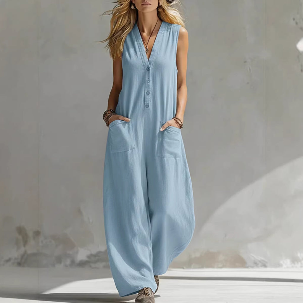 Spring Summer Womens Casual Linen-Cotton Sleeveless Jumpsuit
