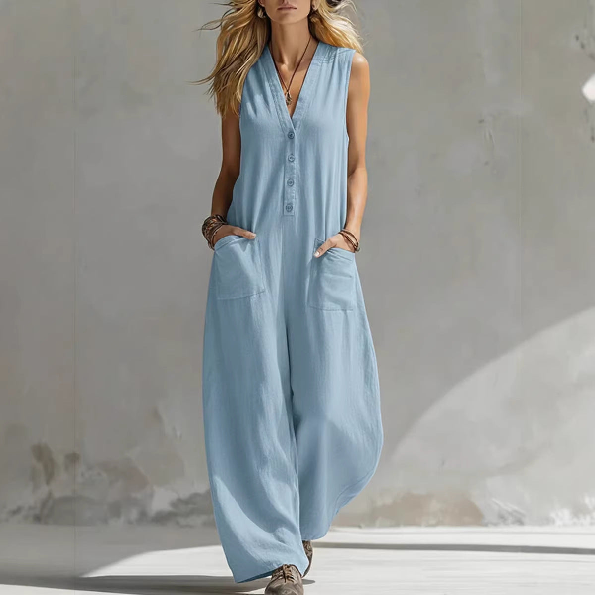 Spring Summer Womens Casual Linen-Cotton Sleeveless Jumpsuit