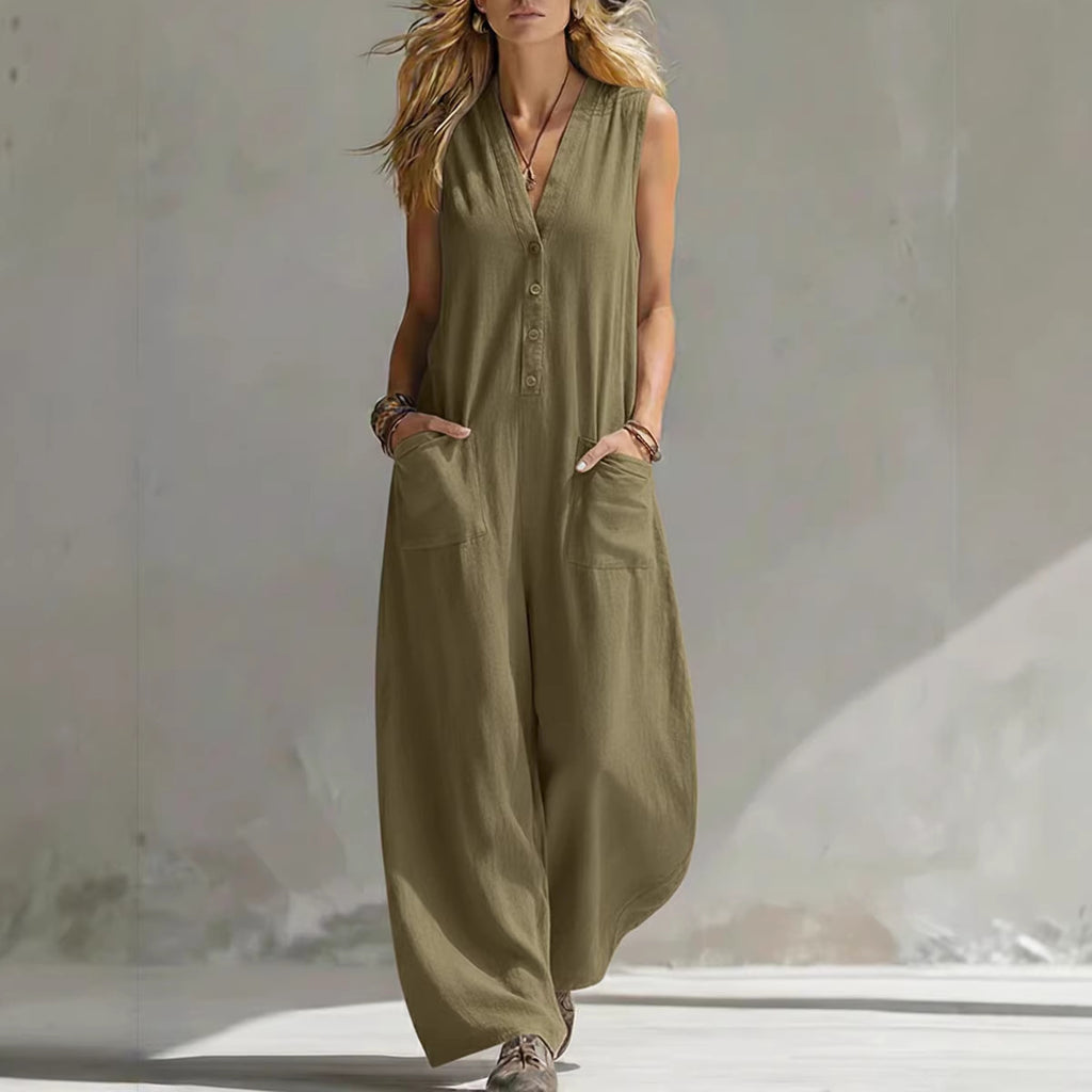 Spring Summer Womens Casual Linen-Cotton Sleeveless Jumpsuit