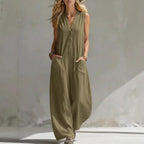 Spring Summer Womens Casual Linen-Cotton Sleeveless Jumpsuit