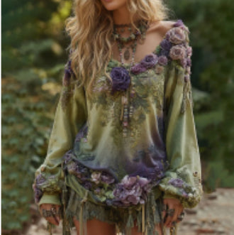 Vintage  Roses Gradient Linen Blouses