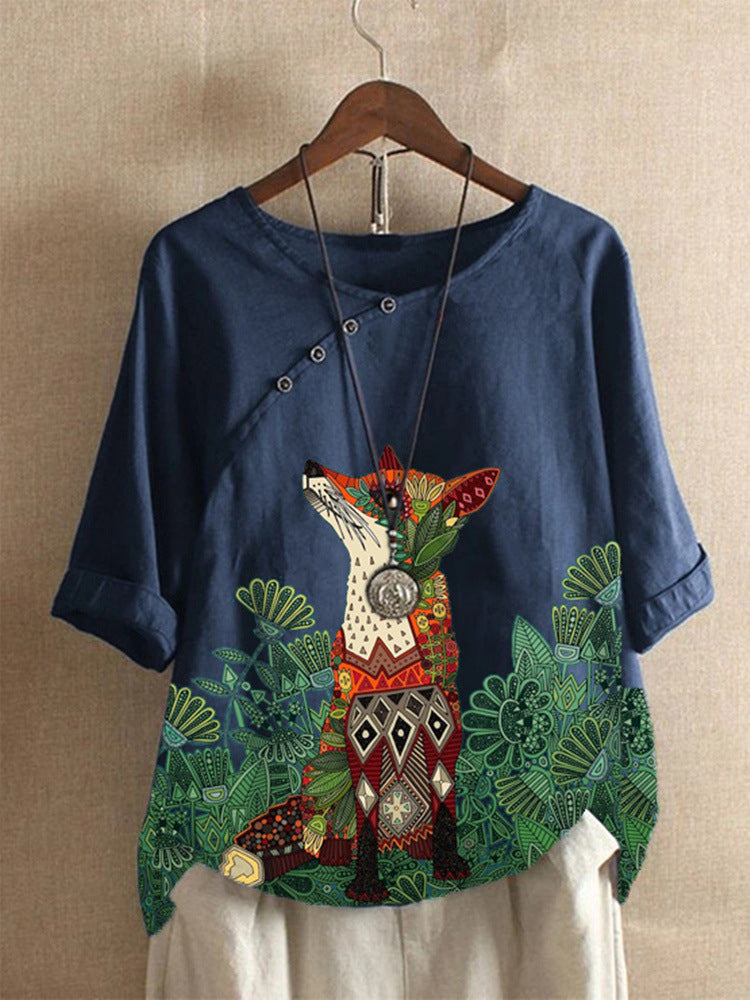 Wolf Head Printed Cotton And Linen T-shirt