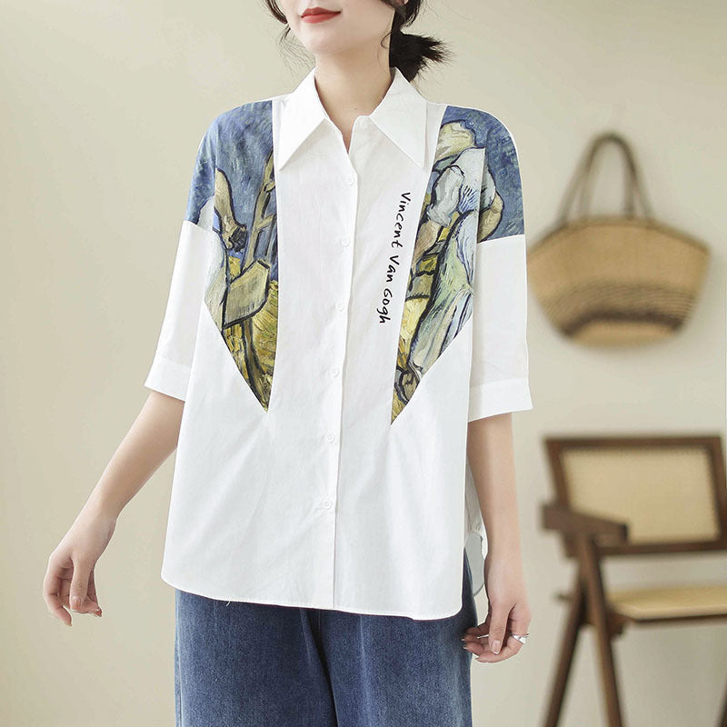 Cotton And Linen Large Size Loose Stitching Short Sleeve Shirt