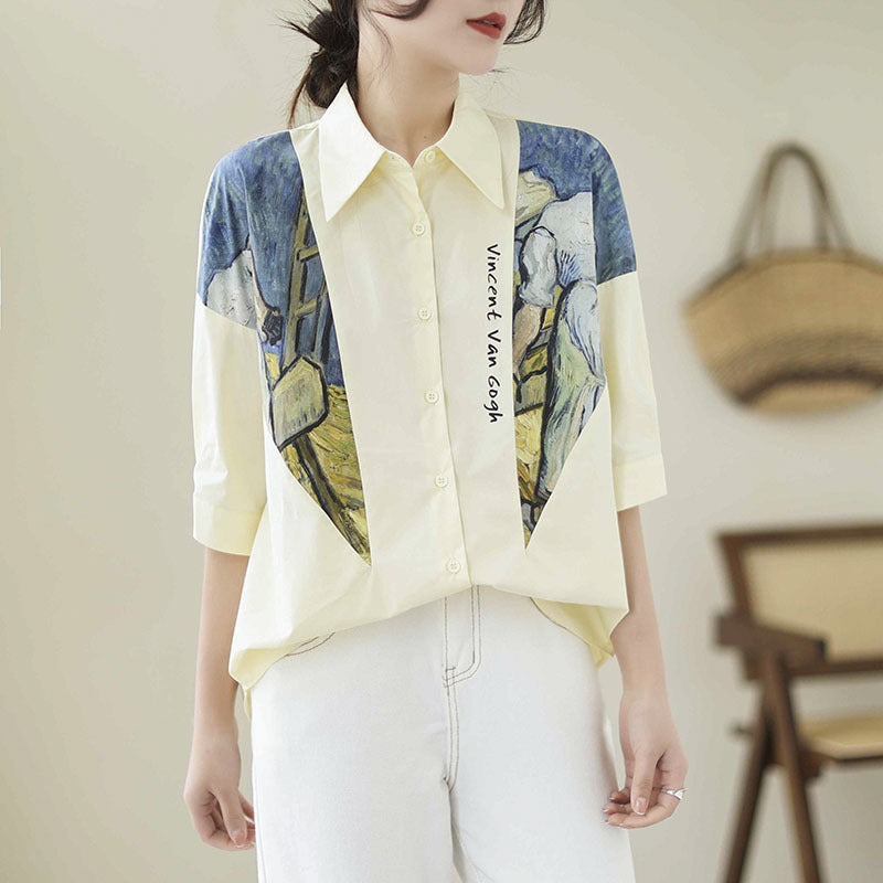 Cotton And Linen Large Size Loose Stitching Short Sleeve Shirt