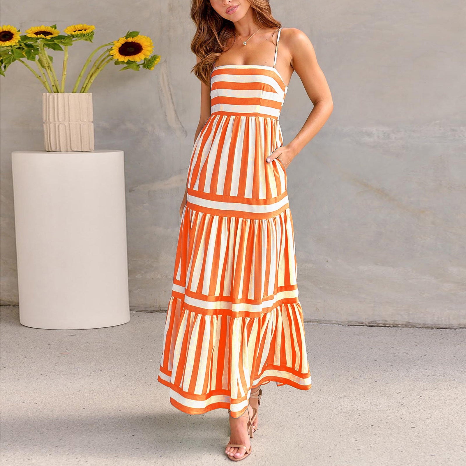 Summer Striped Printed Suspender Long Dress With Pockets .