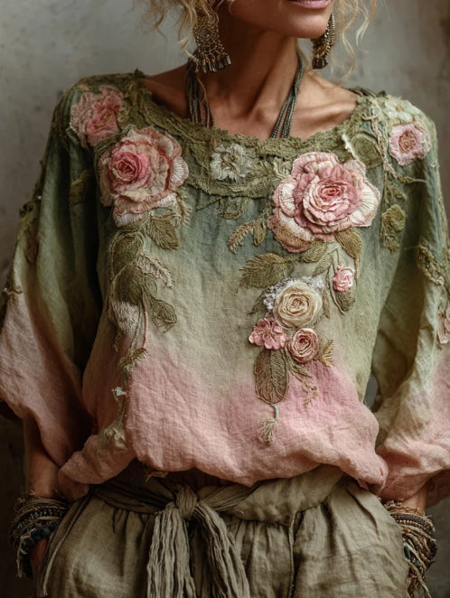 Vintage  Roses Gradient Linen Blouses