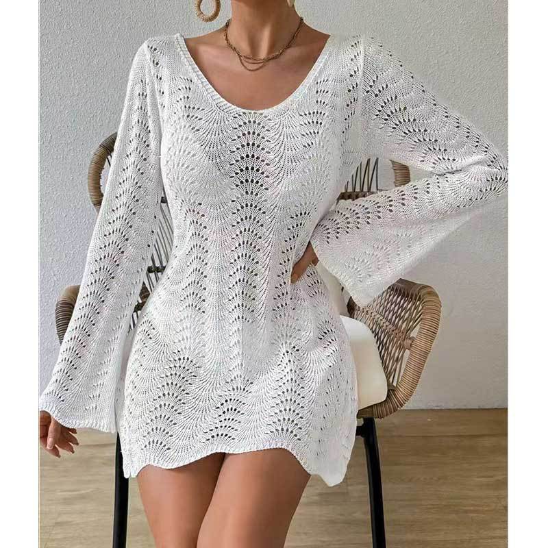 Womens Stylish Elegant White Swim Long-sleeve Top