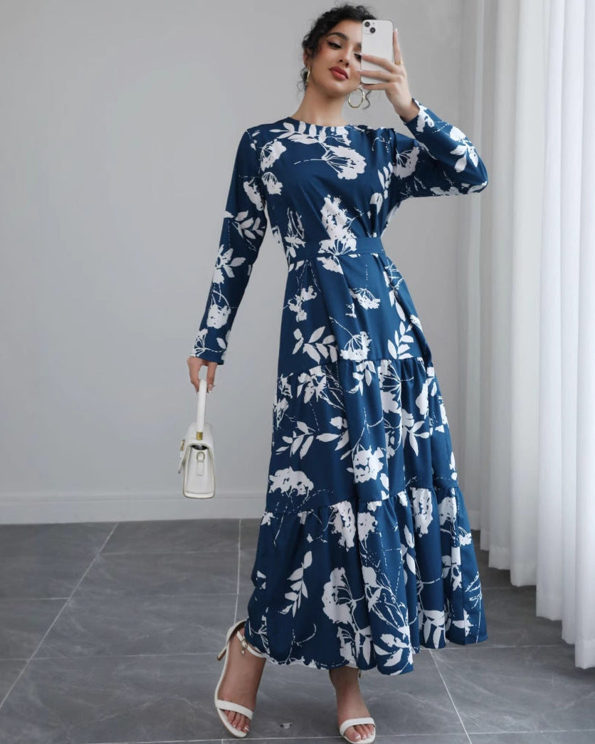Blue Long-sleeved Round-neck Waist-tied Slim-fit Printed Midi Dress