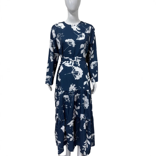 Blue Long-sleeved Round-neck Waist-tied Slim-fit Printed Midi Dress