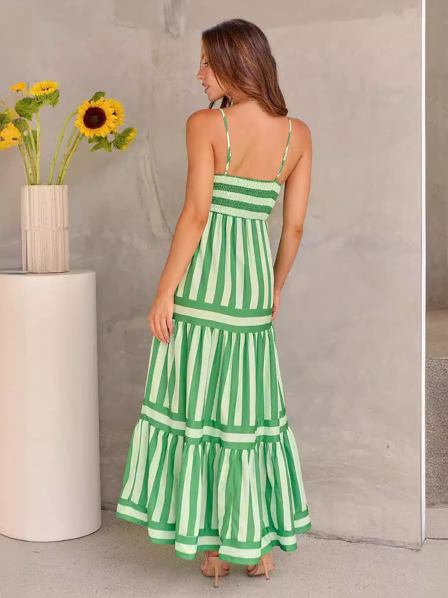 Summer Striped Printed Suspender Long Dress With Pockets .