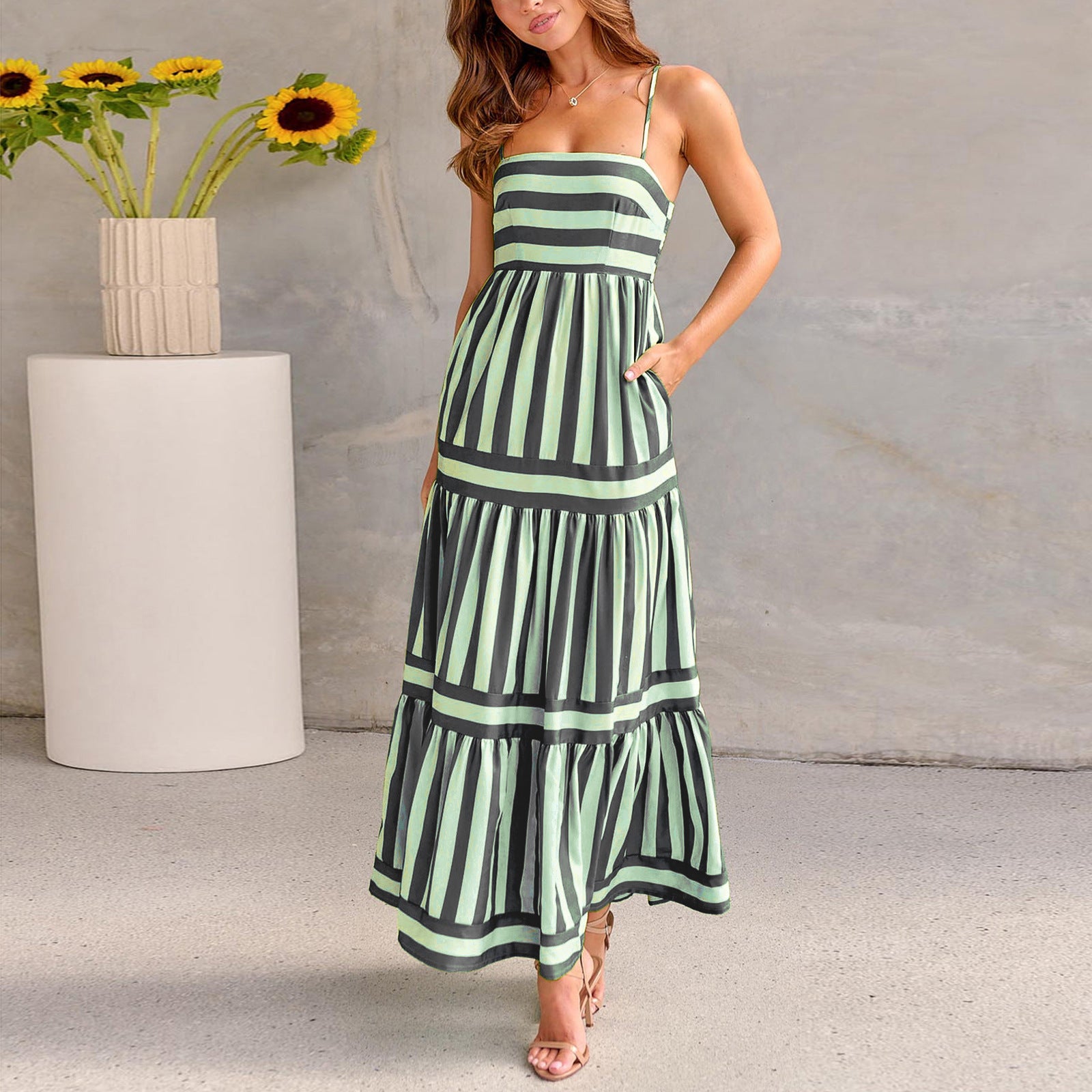 Summer Striped Printed Suspender Long Dress With Pockets .