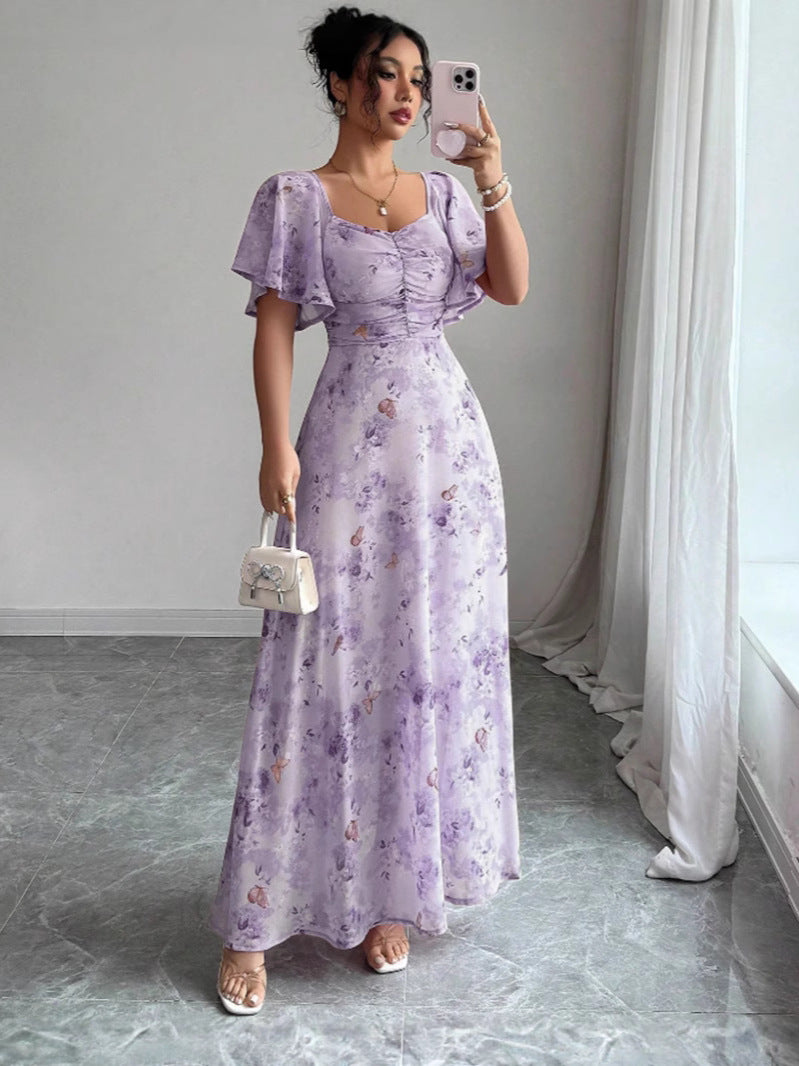 Lotus Sleeve Printed Slim Elegant Dress