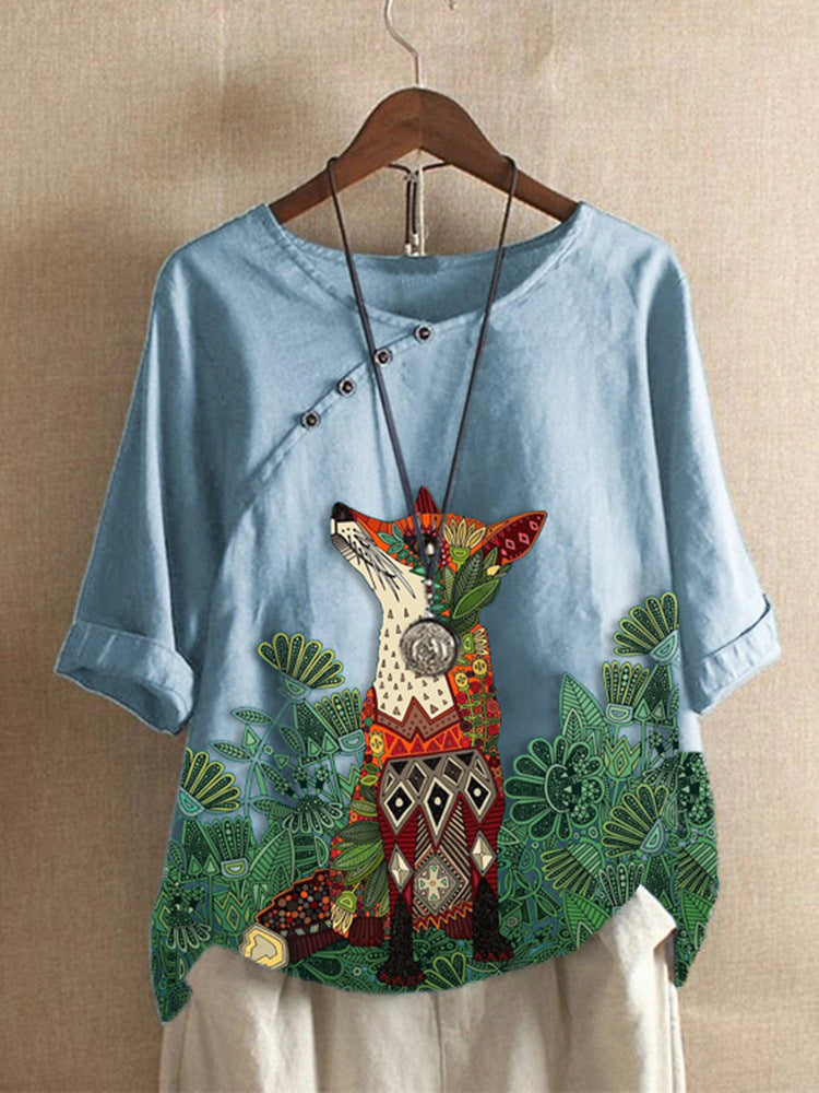 Wolf Head Printed Cotton And Linen T-shirt