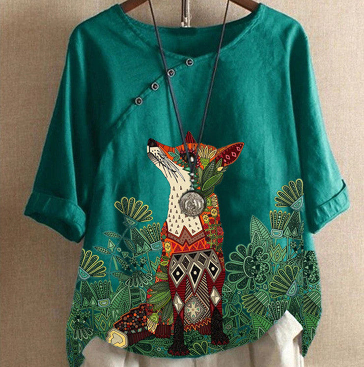 Wolf Head Printed Cotton And Linen T-shirt