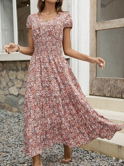Blossom Chic V-Neck Floral Dress For Women - Soft, Breathable Polyester, Machine Washable,