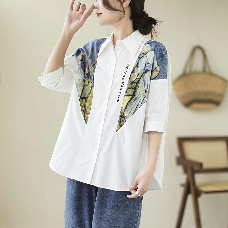 Cotton And Linen Large Size Loose Stitching Short Sleeve Shirt
