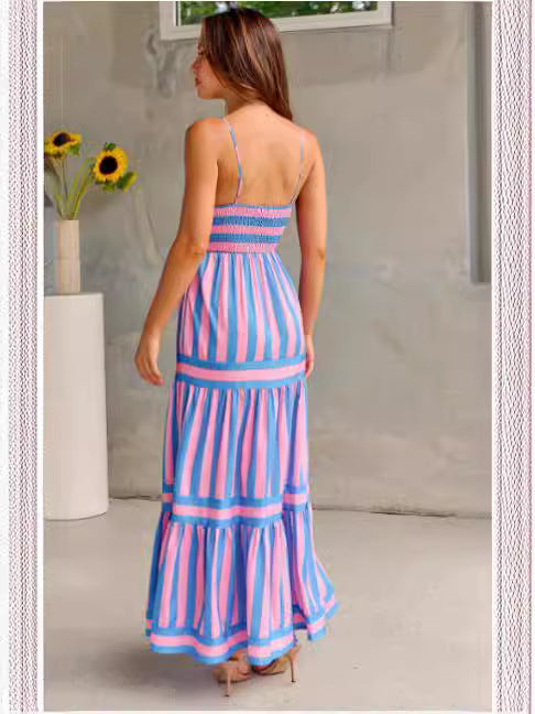Summer Striped Printed Suspender Long Dress With Pockets .